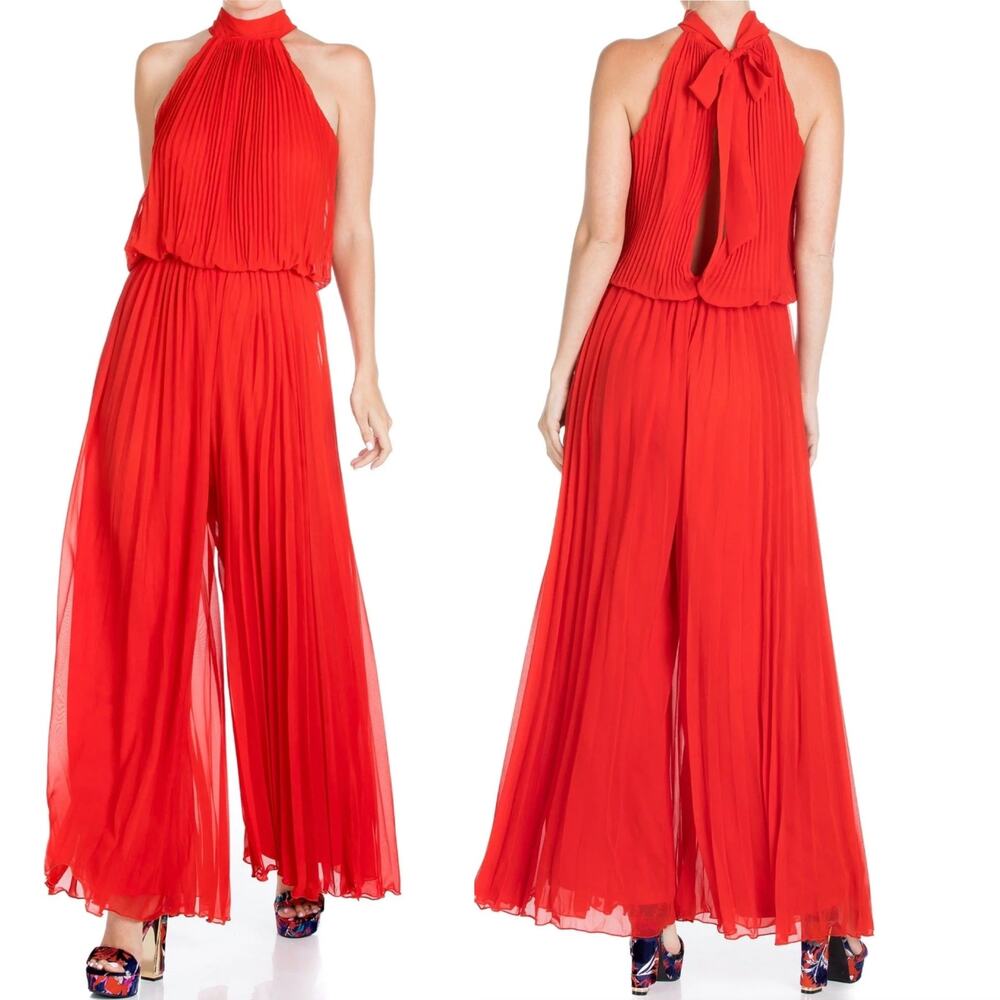 Meghan Los Angeles Wild Orchid Pleat Jumpsuit Halter Tomato Red Size Small